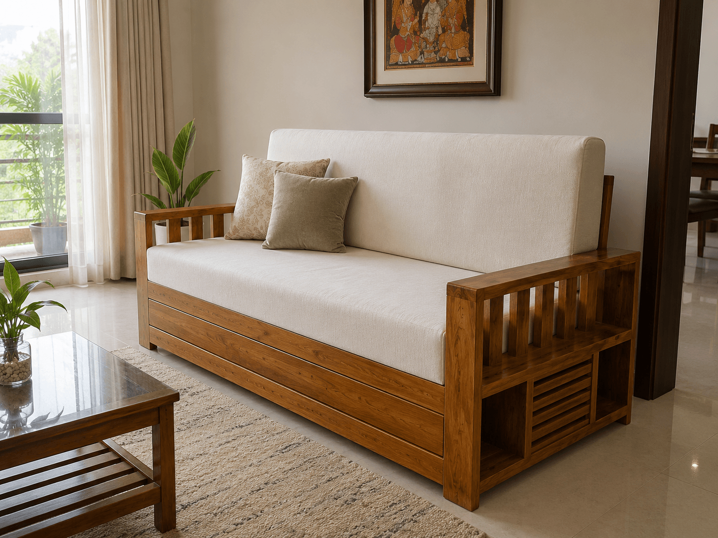 Teak Sofa Cum Bed at Divya Krishnamurthy's home in Bangalore