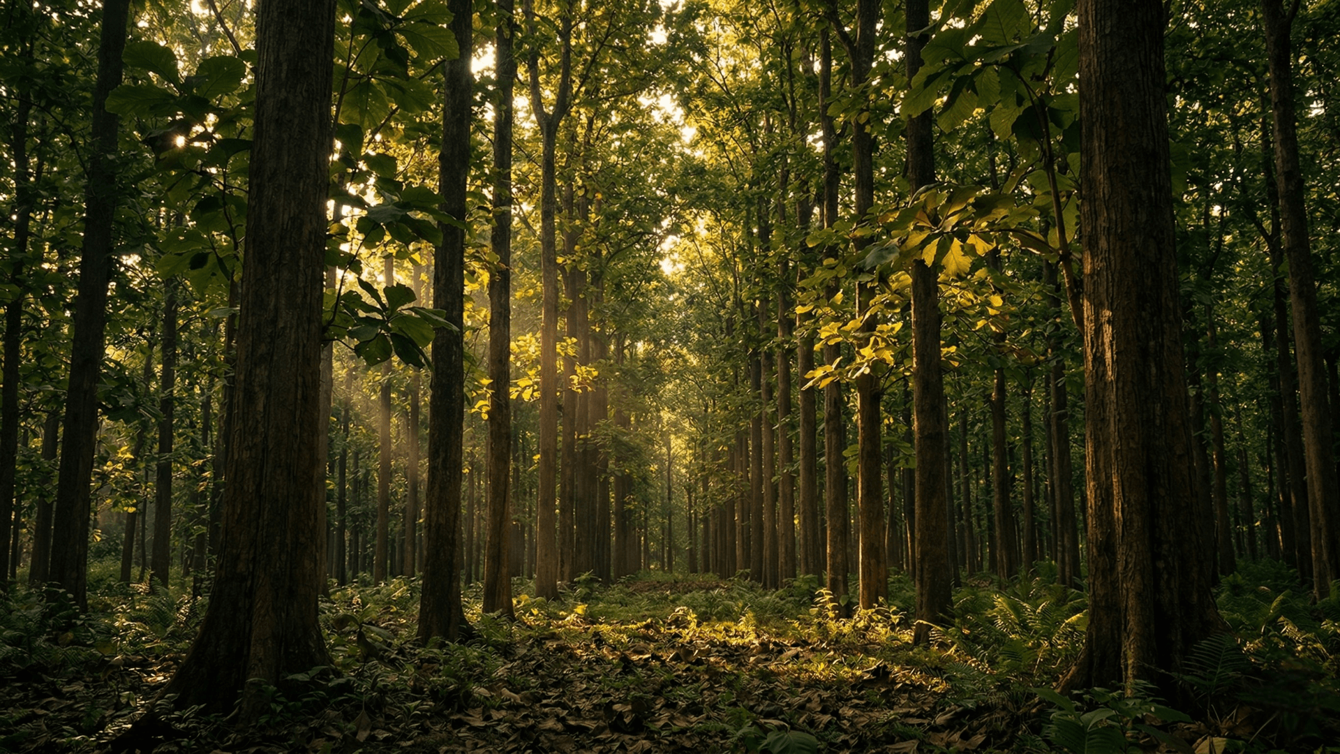 Nilambur teak forest — tall wild teak trees with morning light filtering through the canopy