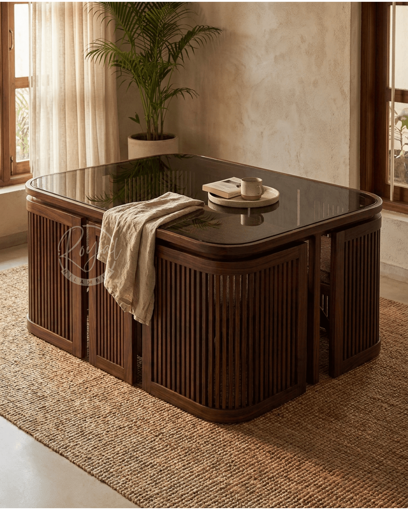 Royal Ahitiq Nilambur Teak Wood Kitchen Table With Glass Top