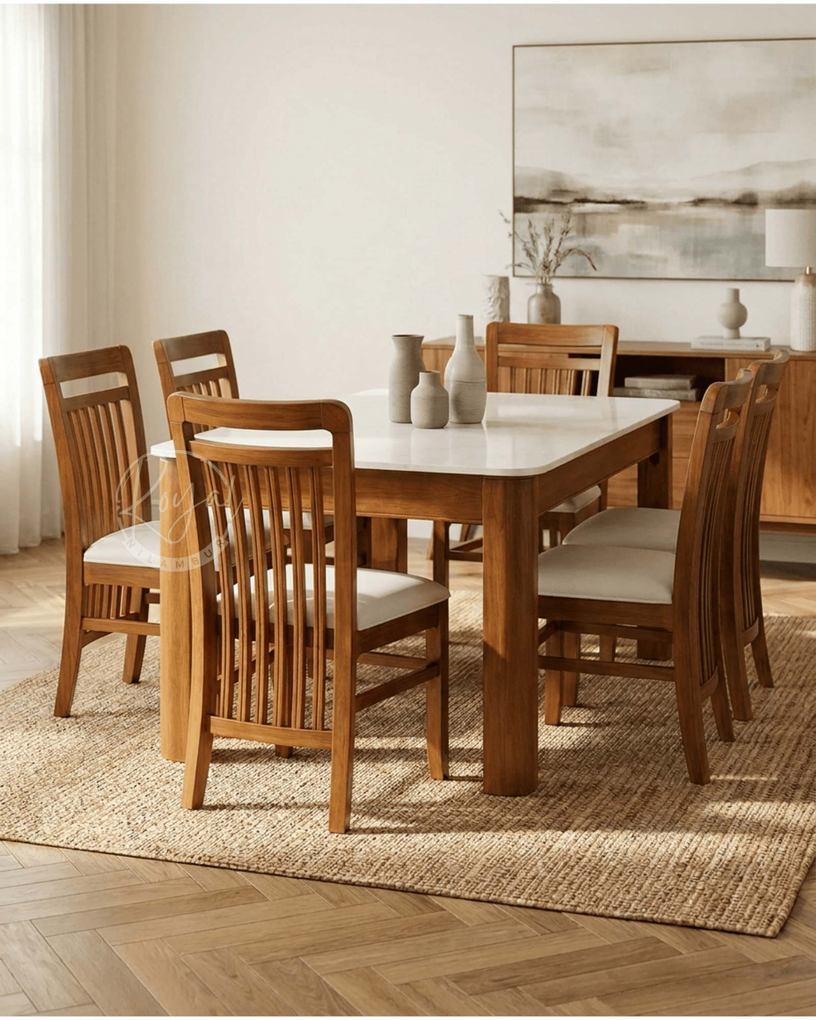 Royal Astra Nilambur Teak Wood Dining Table With Marble Top