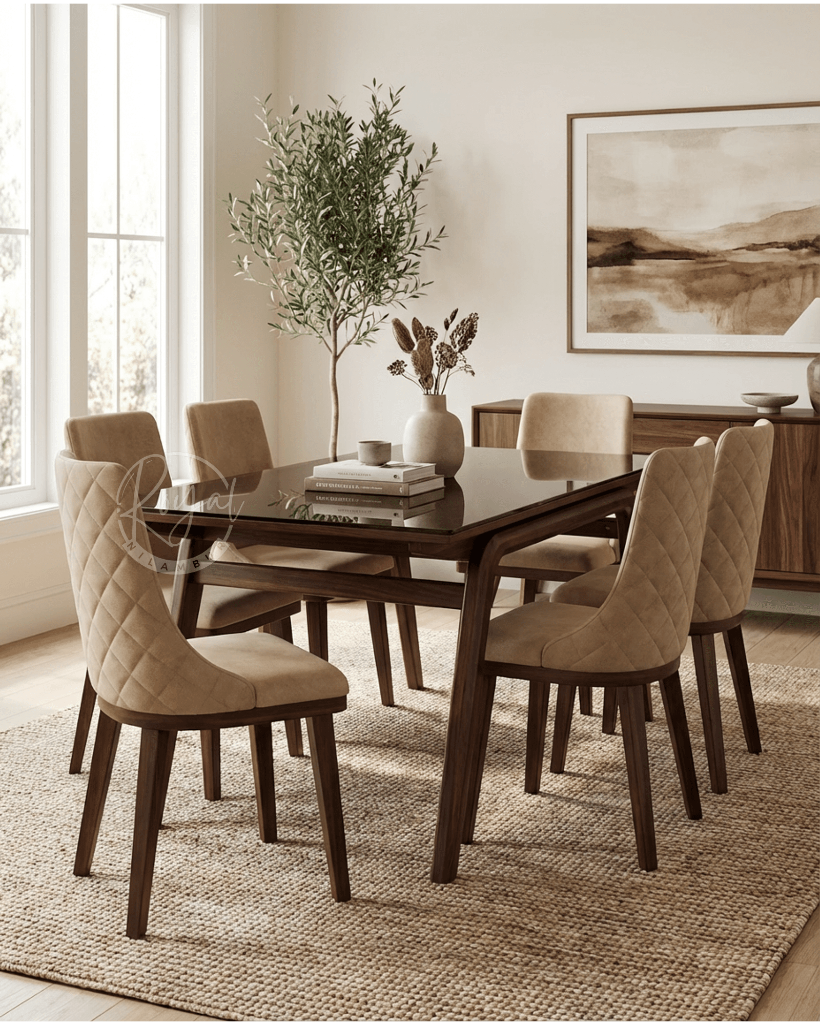Royal Zynda Nilambur Teak Wood Dining Table With Glass Top