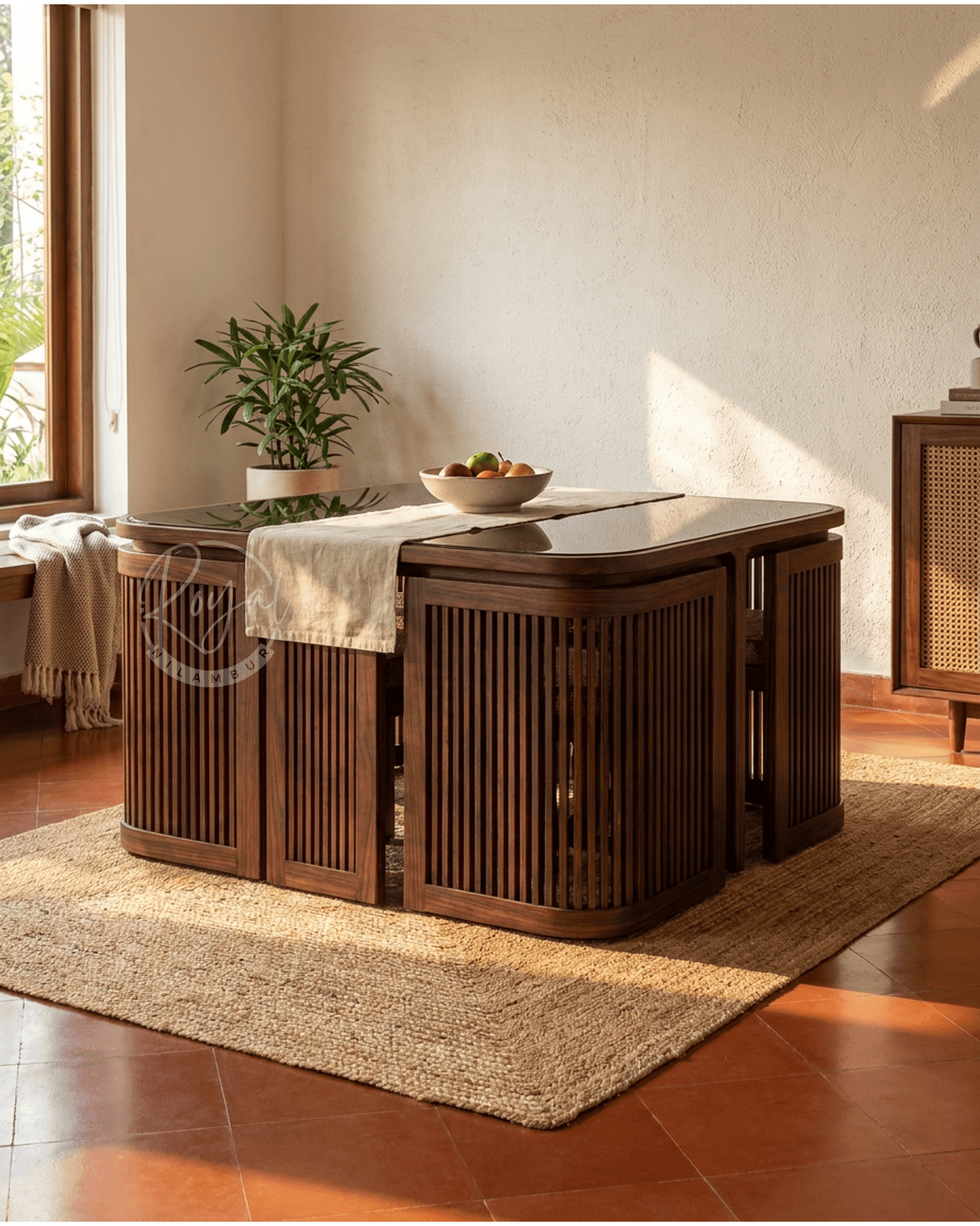 Royal Ahitiq Nilambur Teak Wood Kitchen Table With Glass Top