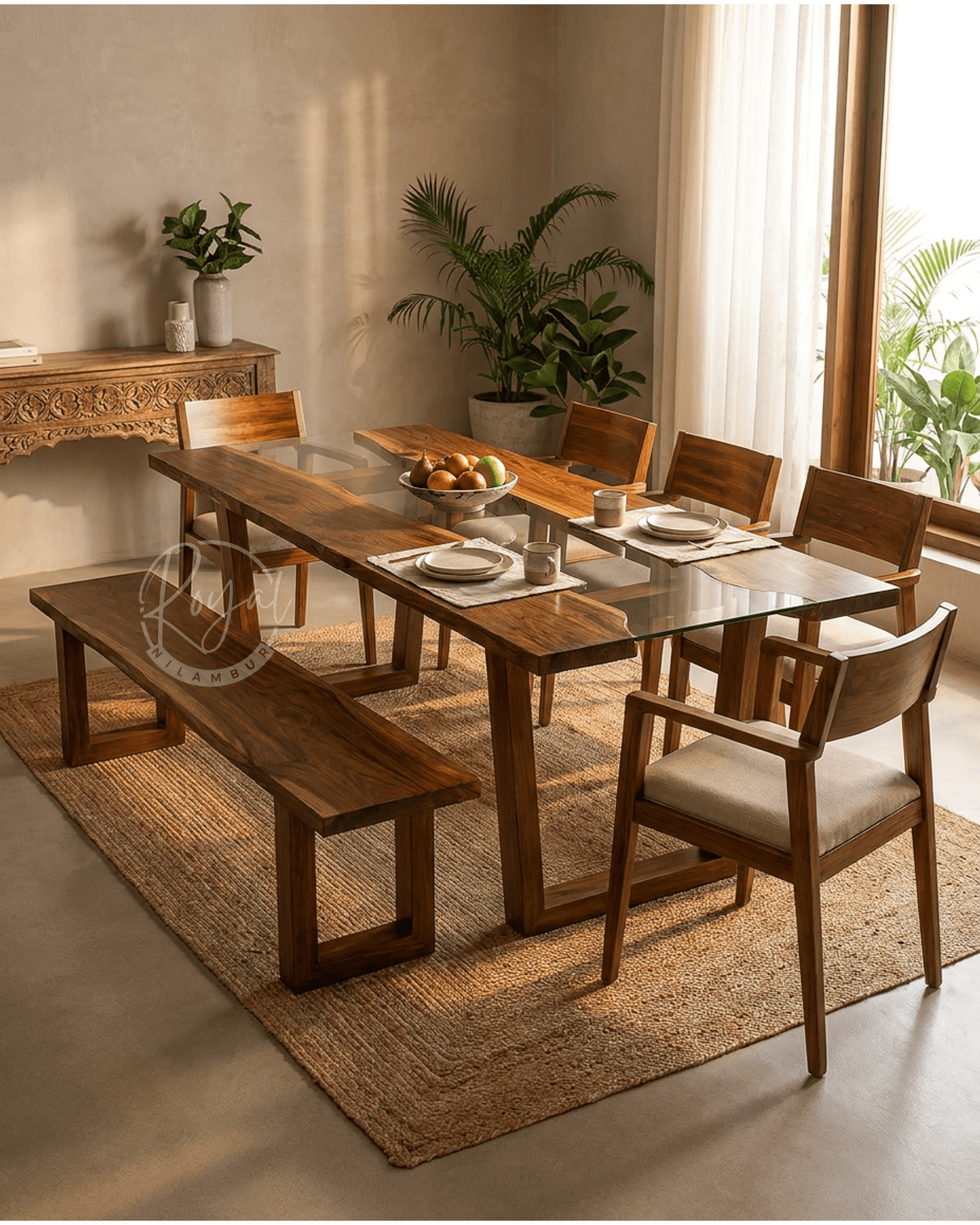 Royal Dhyonix Nilambur Teak Wood Dining Table With Glass Top