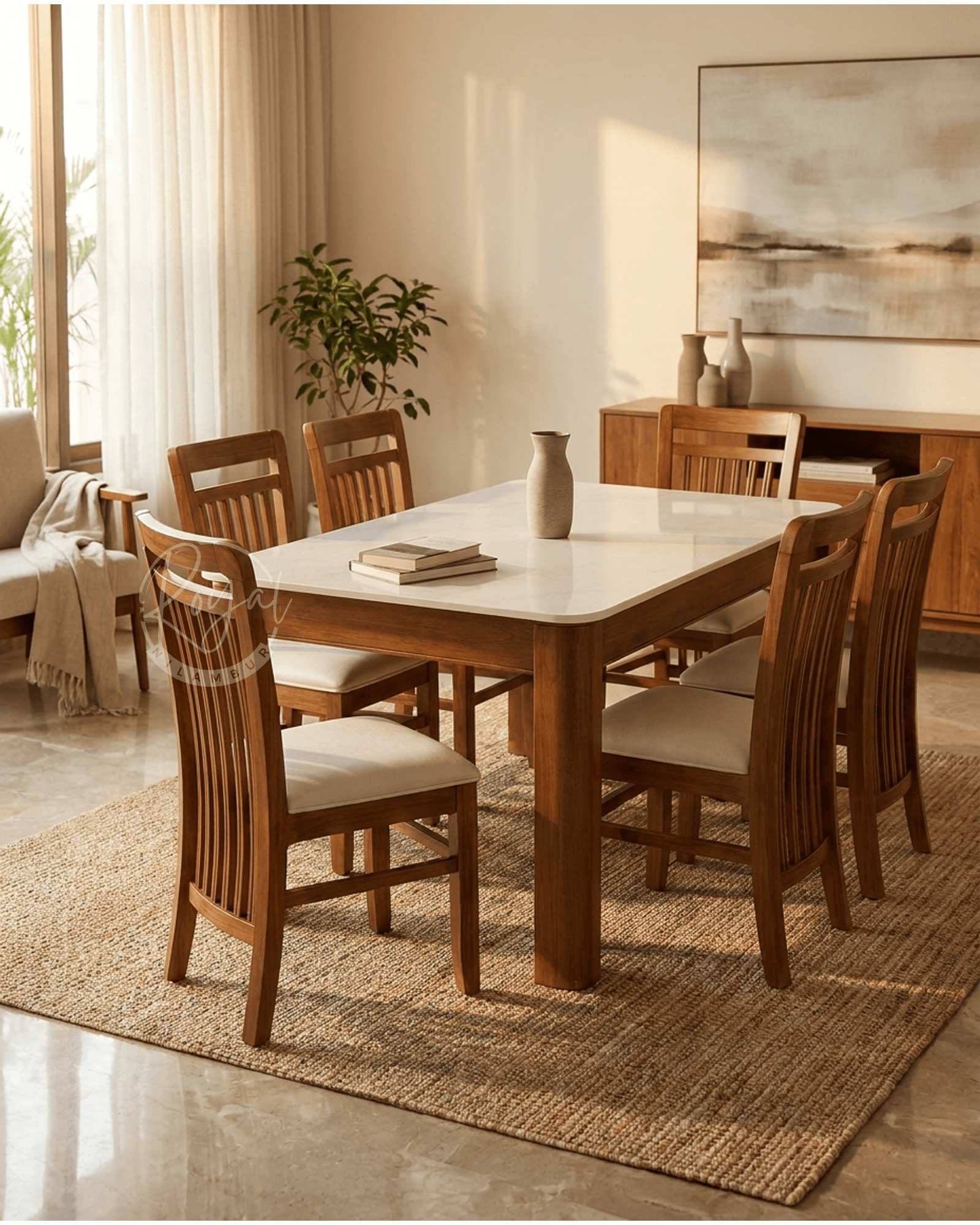 Royal Astra Nilambur Teak Wood Dining Table With Marble Top