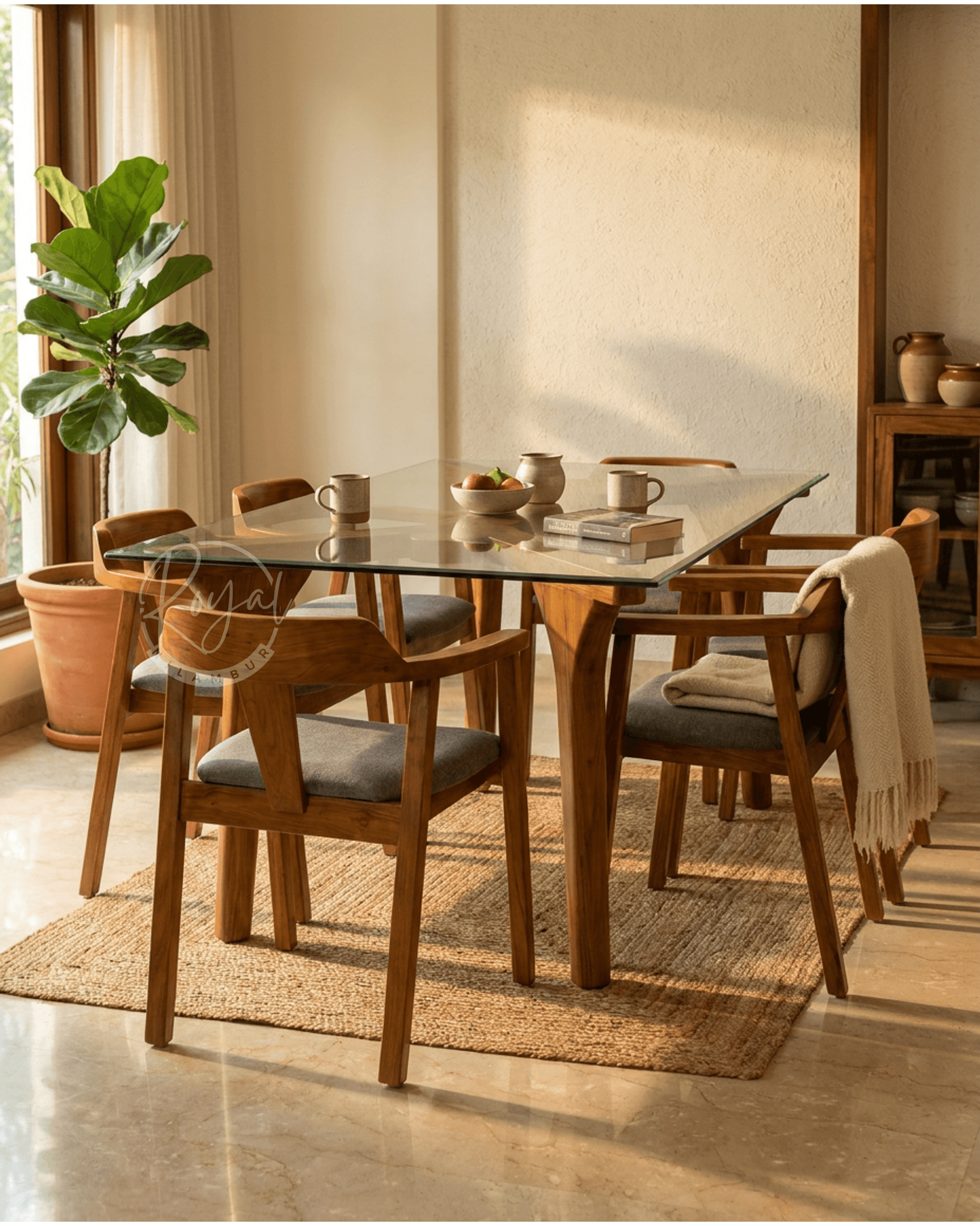 Royal Svarox Nilambur Teak Wood Dining Set With Glass Top