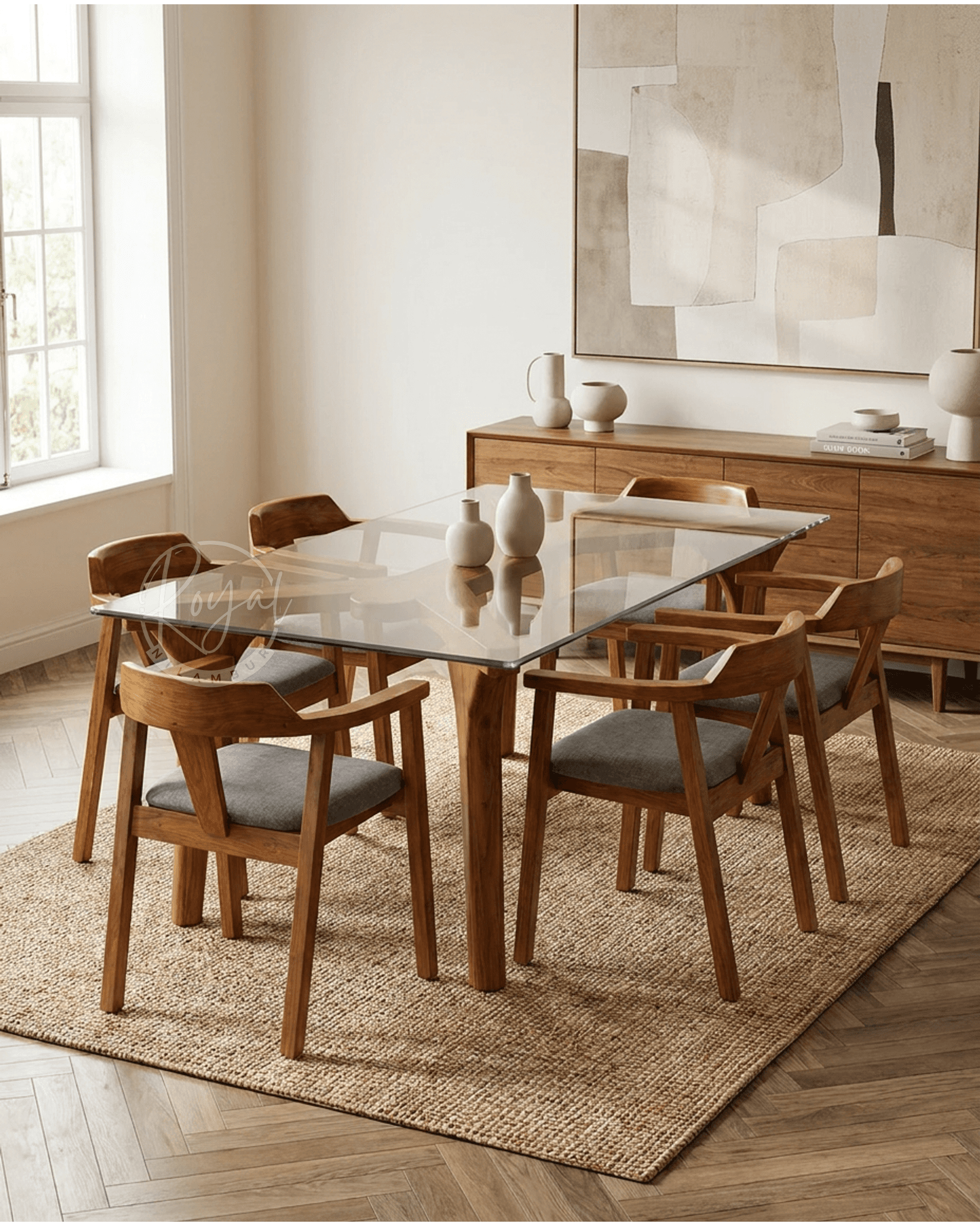 Royal Svarox Nilambur Teak Wood Dining Set With Glass Top