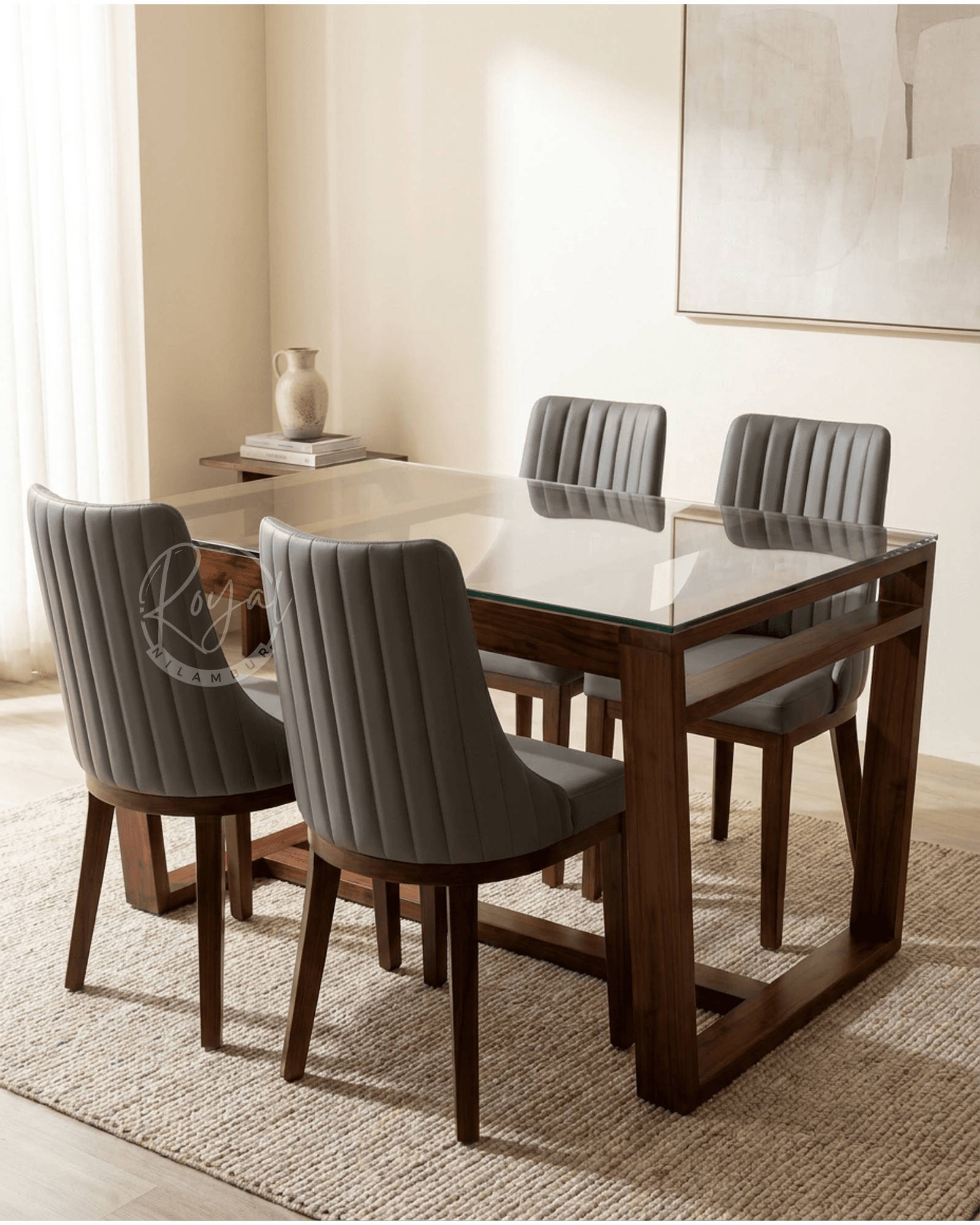 Royal Nirvana Nilambur Teak Wood Dining Table With Glass Top
