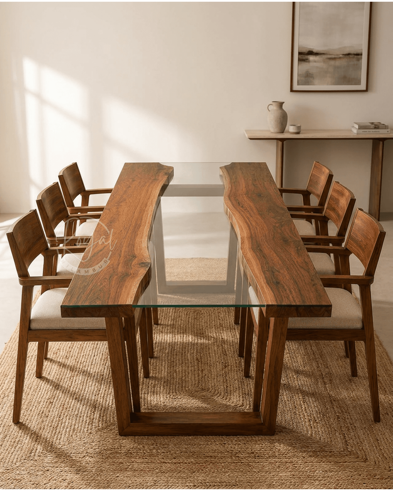 Royal Dhyonix Nilambur Teak Wood Dining Table With Glass Top