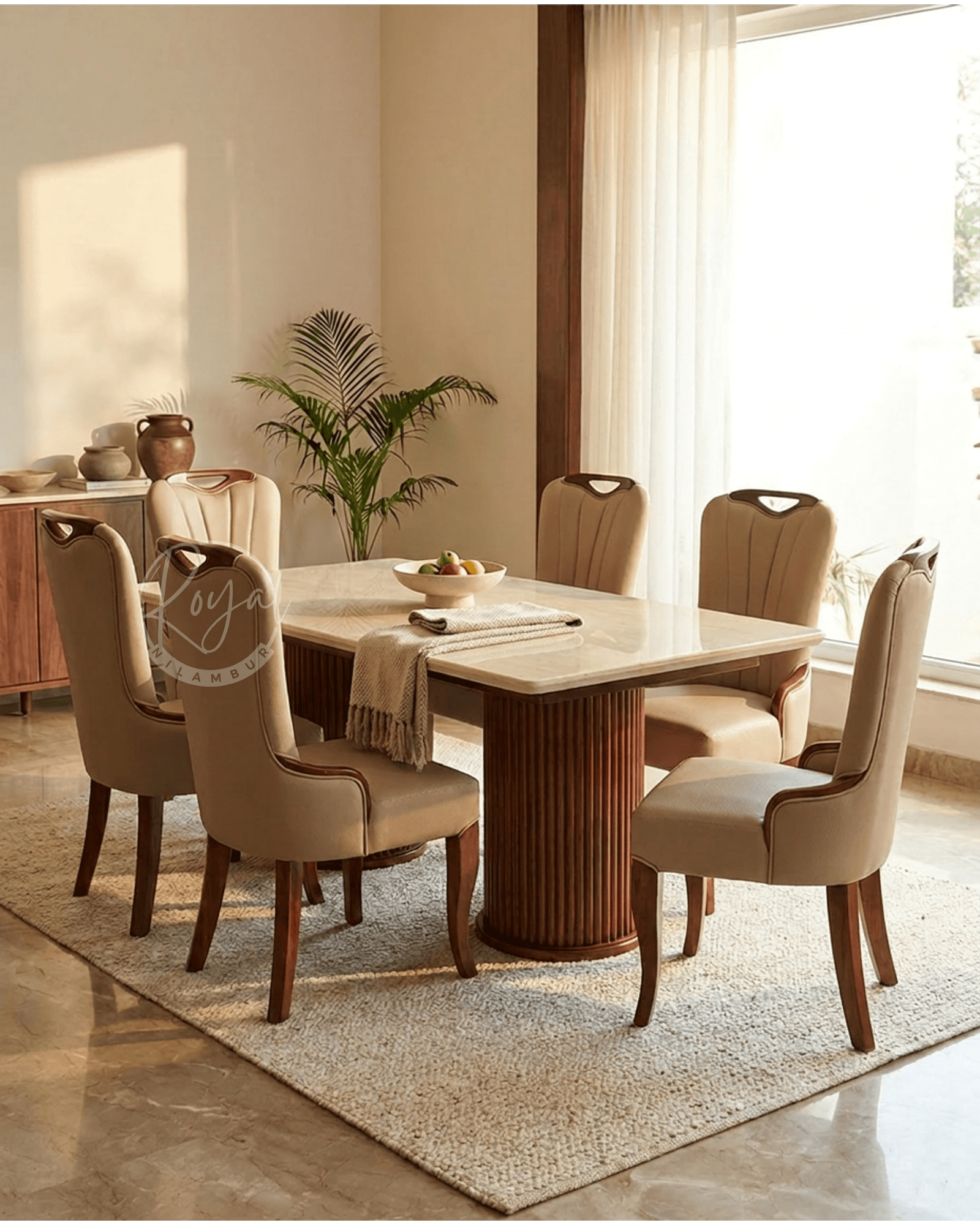 Royal Griha Marble Top Nilambur Teak Wood Dining Table